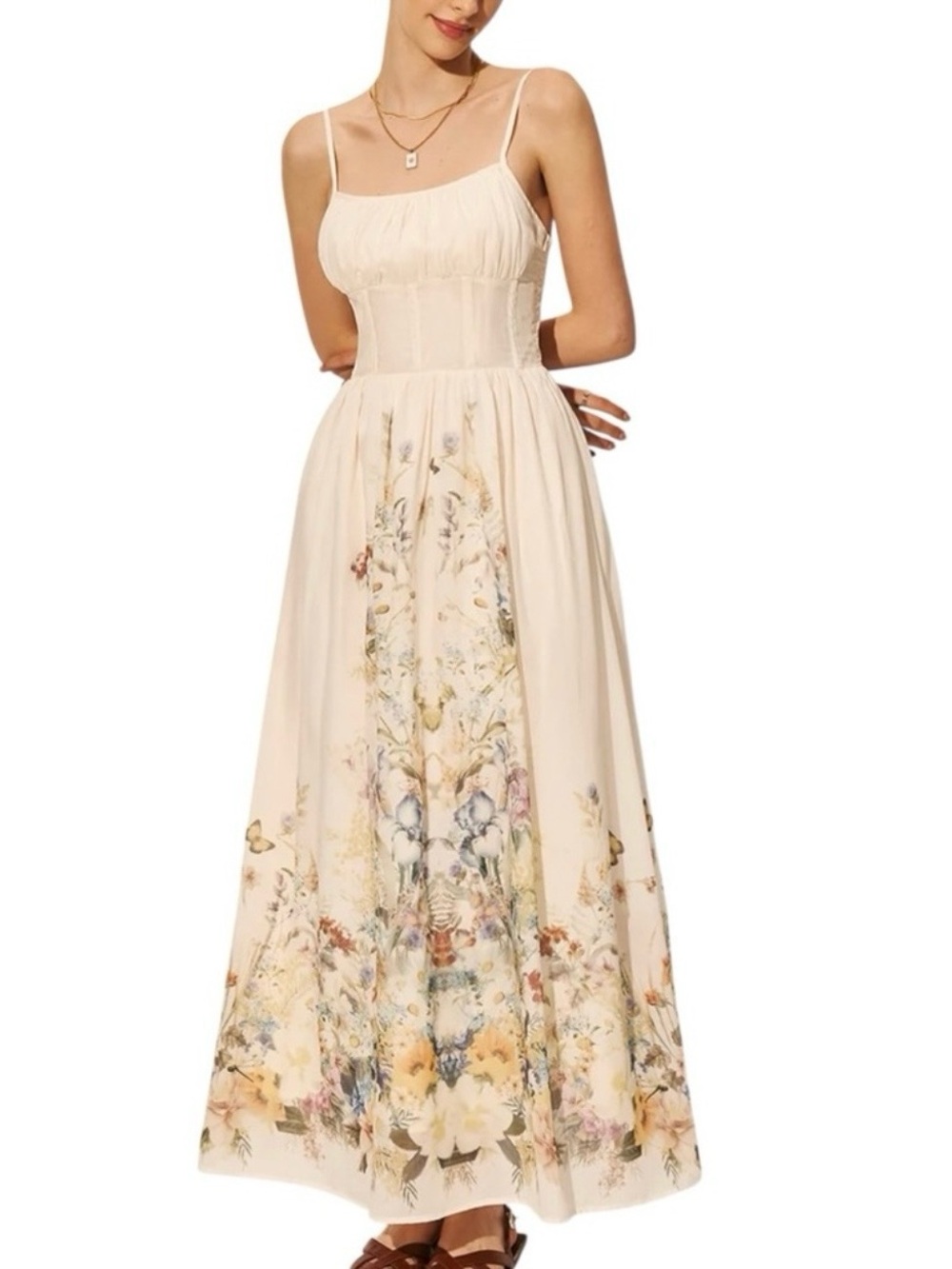 Commense Cream Floral Corset Midi Dress XS NWT Cottagecore Garden Party